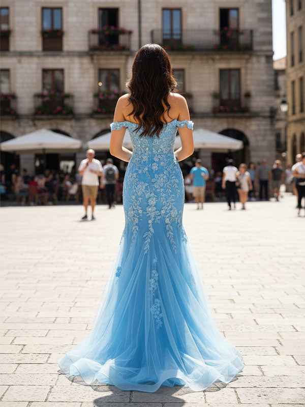 Sky Blue Floral Off Shoulder Mermaid Prom Dress With Sweetheart Neckline