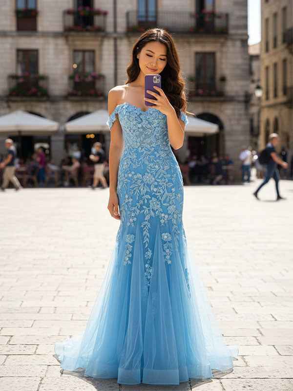 Sky Blue Floral Off Shoulder Mermaid Prom Dress With Sweetheart Neckline