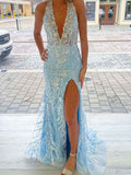 Ice Blue Halter Sequined Applique Mermaid Prom Dress With Slit