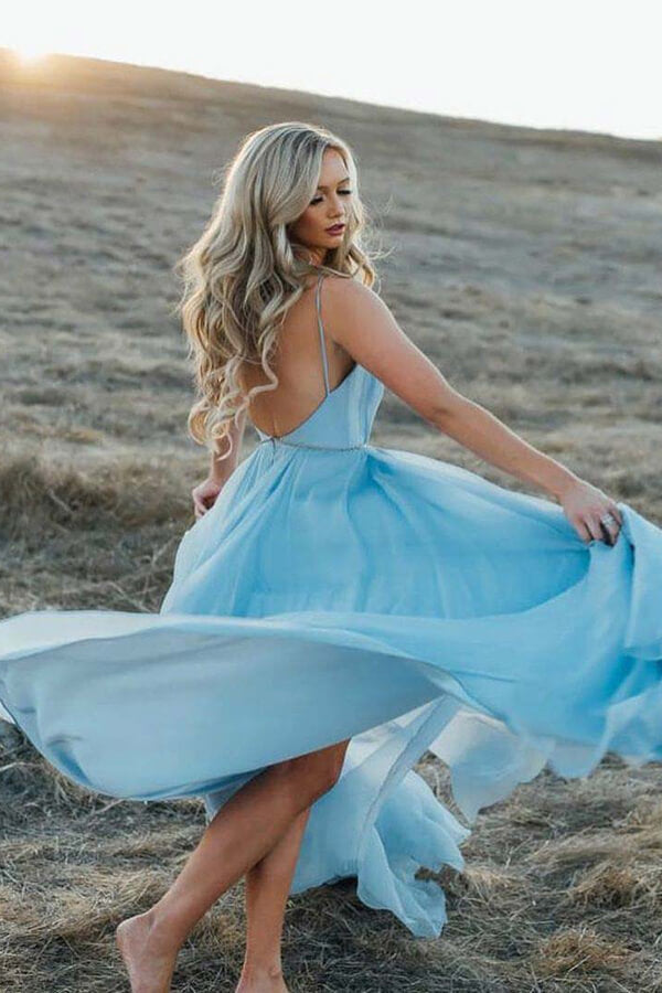 Sky Blue Rustic Thigh Split Beach Wedding Gown with Court Train,MW281