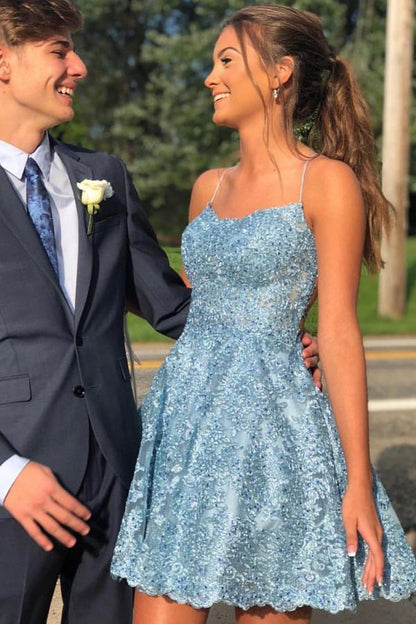 Sky Blue Spaghetti Straps A-line Lace Backless Short Homecoming Dresses