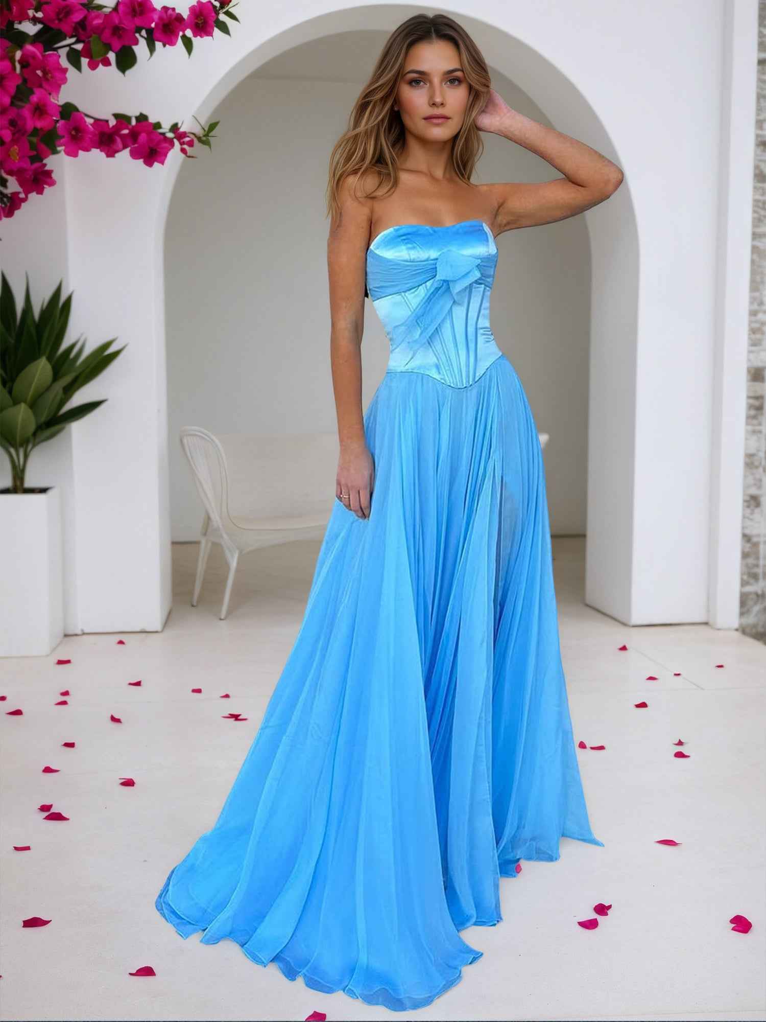 Sky Blue Strapless A Line Corset Bodice Prom Dress With Bow