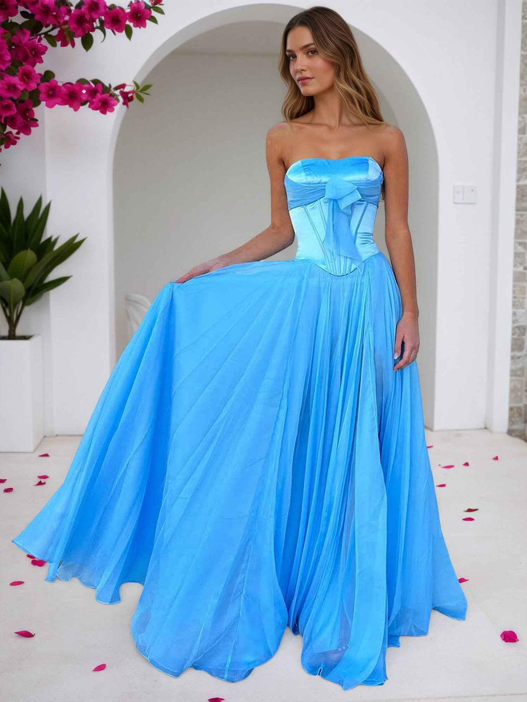 Sky Blue Strapless A Line Corset Bodice Prom Dress With Bow