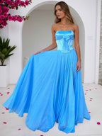 Sky Blue Strapless A Line Corset Bodice Prom Dress With Bow