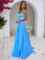 Sky Blue Strapless A Line Corset Bodice Prom Dress With Bow