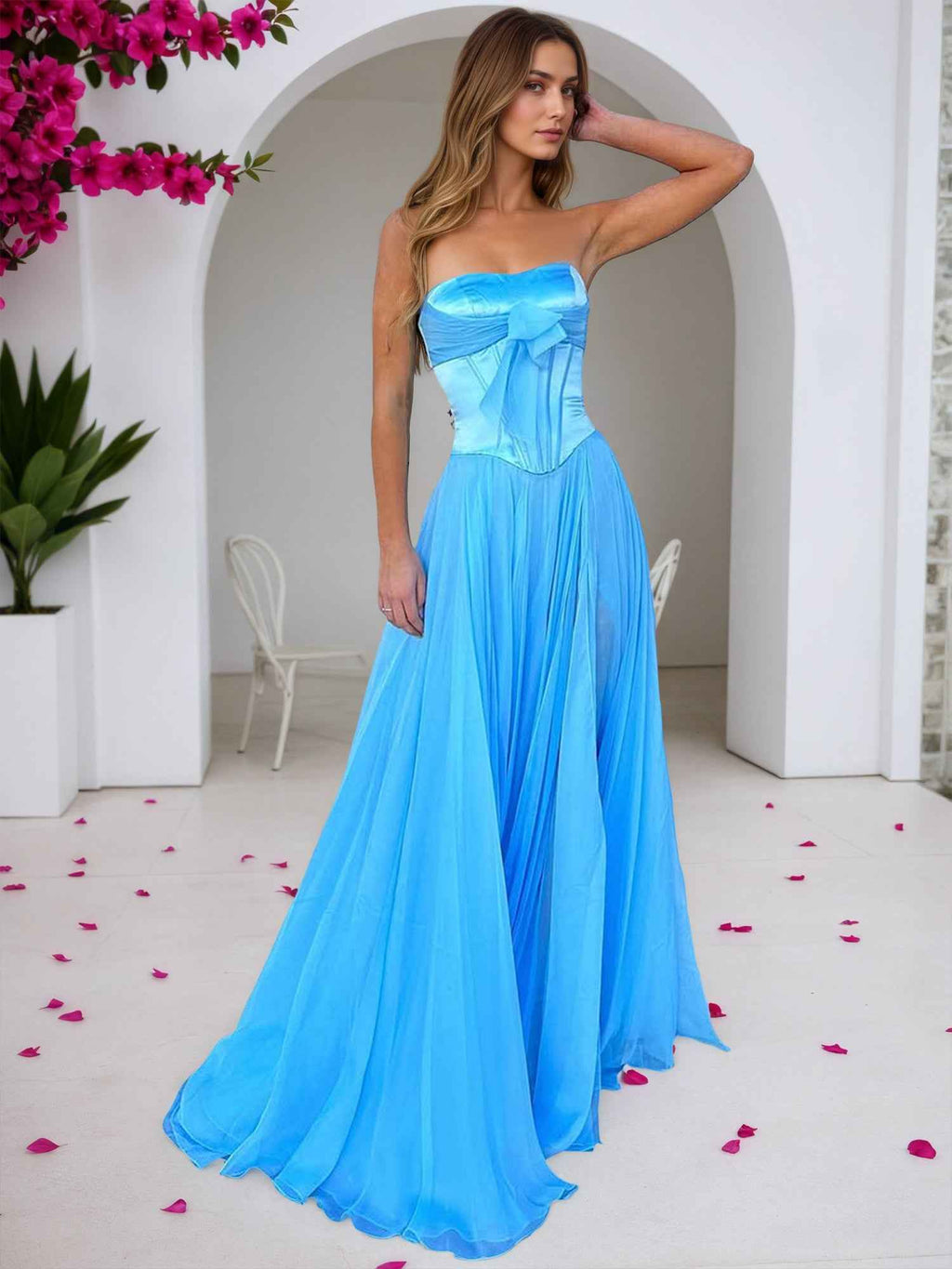 Sky Blue Strapless A Line Corset Bodice Prom Dress With Bow