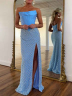 Sky Blue Strapless Pearl Lattice Corset Prom Dress With Slit