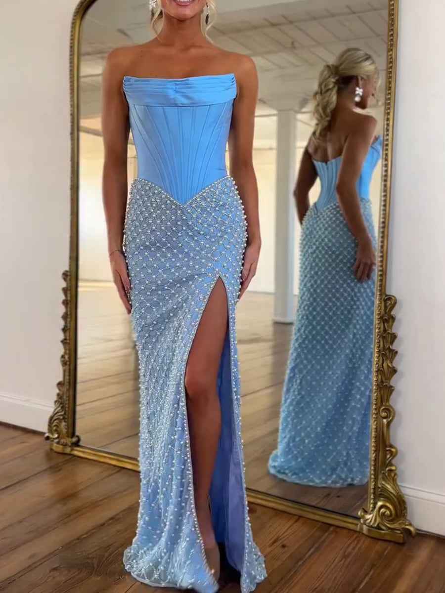 Sky Blue Strapless Pearl Lattice Corset Prom Dress With Slit