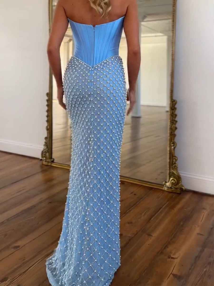 Sky Blue Strapless Pearl Lattice Corset Prom Dress With Slit