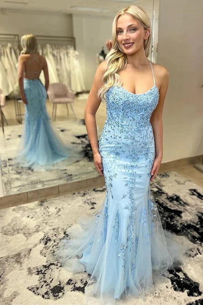 Vestidos de fiesta largos de tul con tirantes finos y sirena con encaje