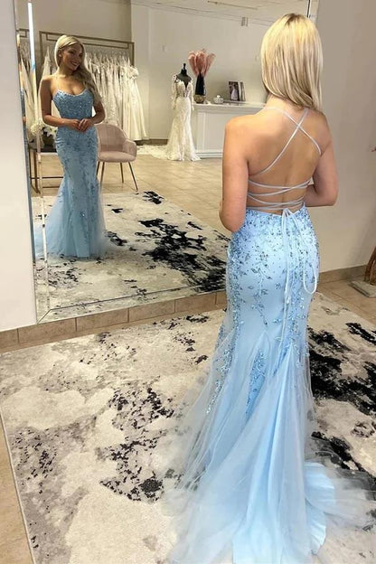 Vestidos de fiesta largos de tul con tirantes finos y sirena con encaje