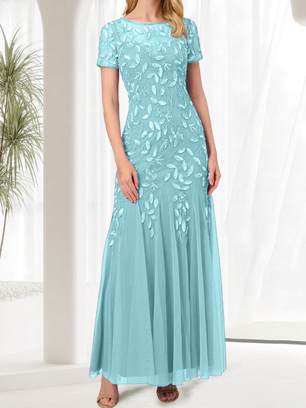 Vestido largo de sirena azul con cuello redondo para madre de la novia con cuentas