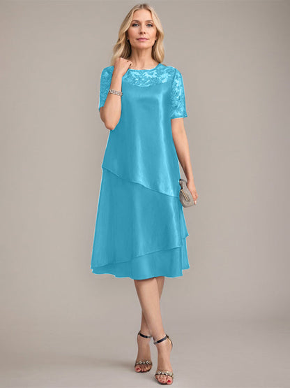 A-Linie, U-Ausschnitt, knielanges Kleid für die Brautmutter mit Applikationen und Pailletten 