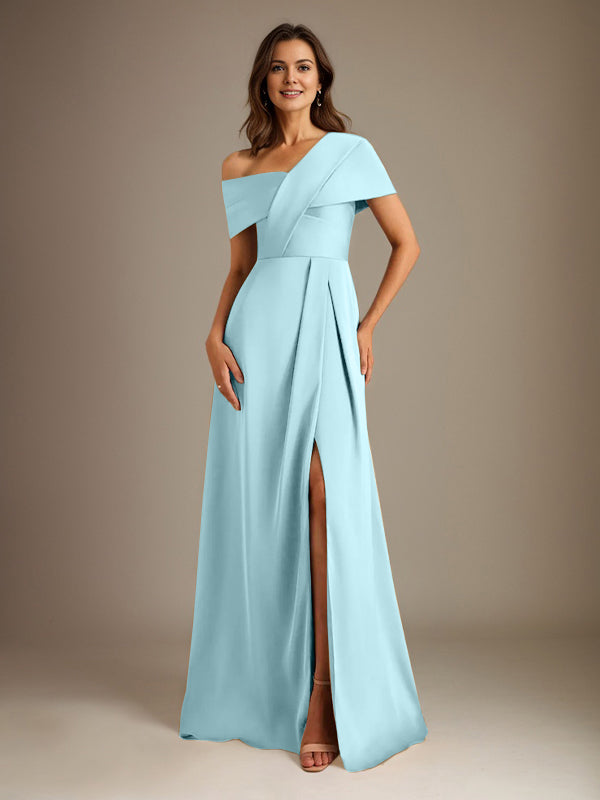 Robe de mère de la mariée en satin, longueur au sol, encolure asymétrique en ligne A avec plis