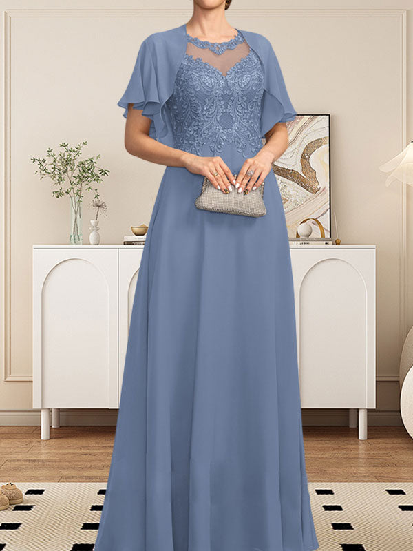 A-Linie, U-Ausschnitt, Illusion, bodenlanges Spitzen-Chiffon-Kleid für die Brautmutter mit Pailletten