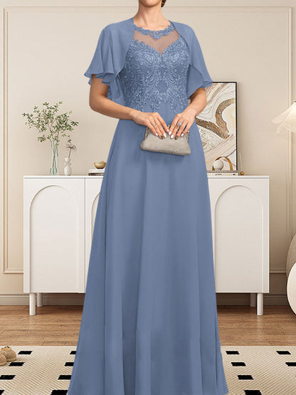 A-Linie, U-Ausschnitt, Illusion, bodenlanges Spitzen-Chiffon-Kleid für die Brautmutter mit Pailletten