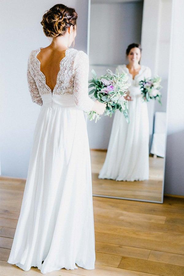 3/4 Sleeve See Through Backless Lace  Chiffon Wedding Dresses