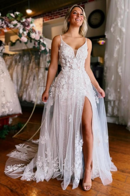 A Line Sleeveless V Neck Wedding Dress With Straps Split Court Train