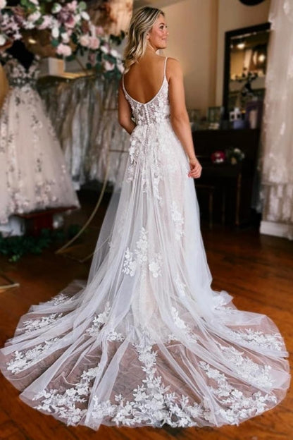 Vestido de novia sexy con escote en V, sin mangas, tirantes y cola dividida