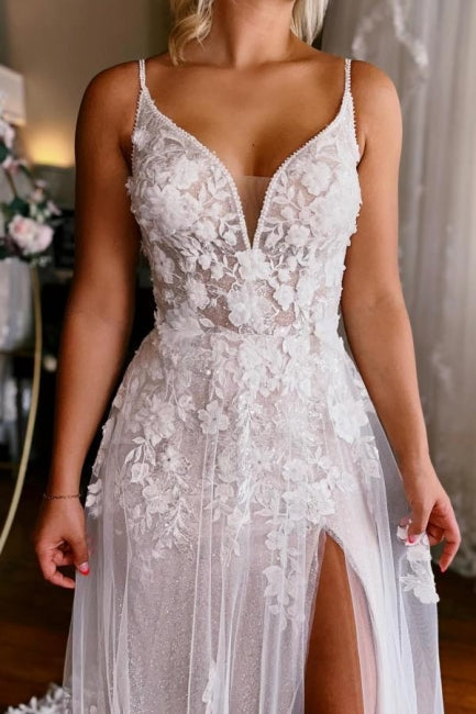 A Line Sleeveless V Neck Wedding Dress With Straps Split Court Train