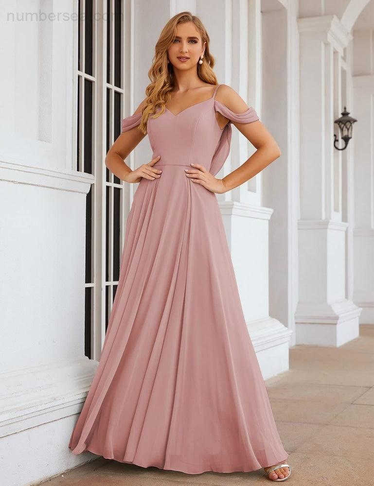 Abito da Sposa in Chiffon con Spalle Scoperte, Lungo e Maxi, per Damigelle, Cerimonia, Ballo e Feste per Donne  SEA28059