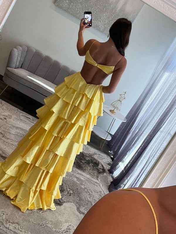 Yellow Satin Layered Prom Dress With Spaghetti Straps V Neck Slit