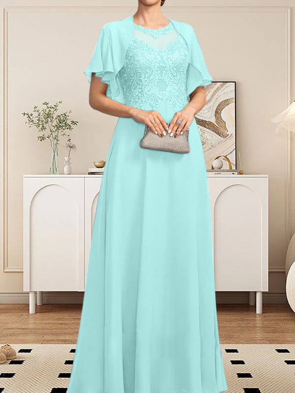 A-Linie, U-Ausschnitt, Illusion, bodenlanges Spitzen-Chiffon-Kleid für die Brautmutter mit Pailletten