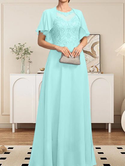 A-Linie, U-Ausschnitt, Illusion, bodenlanges Spitzen-Chiffon-Kleid für die Brautmutter mit Pailletten