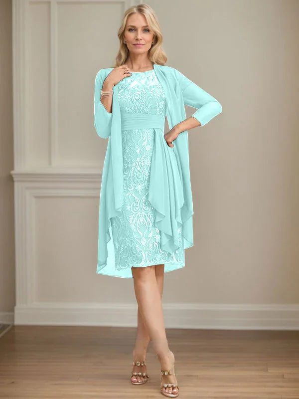 Abito da madre della sposa in pizzo e chiffon con gonna a colonna a effetto illusion fino al ginocchio, con balze a cascata e paillettes