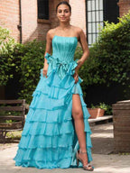Blue Strapless A Line Long Prom Dress With Pleated Bodice And Slit