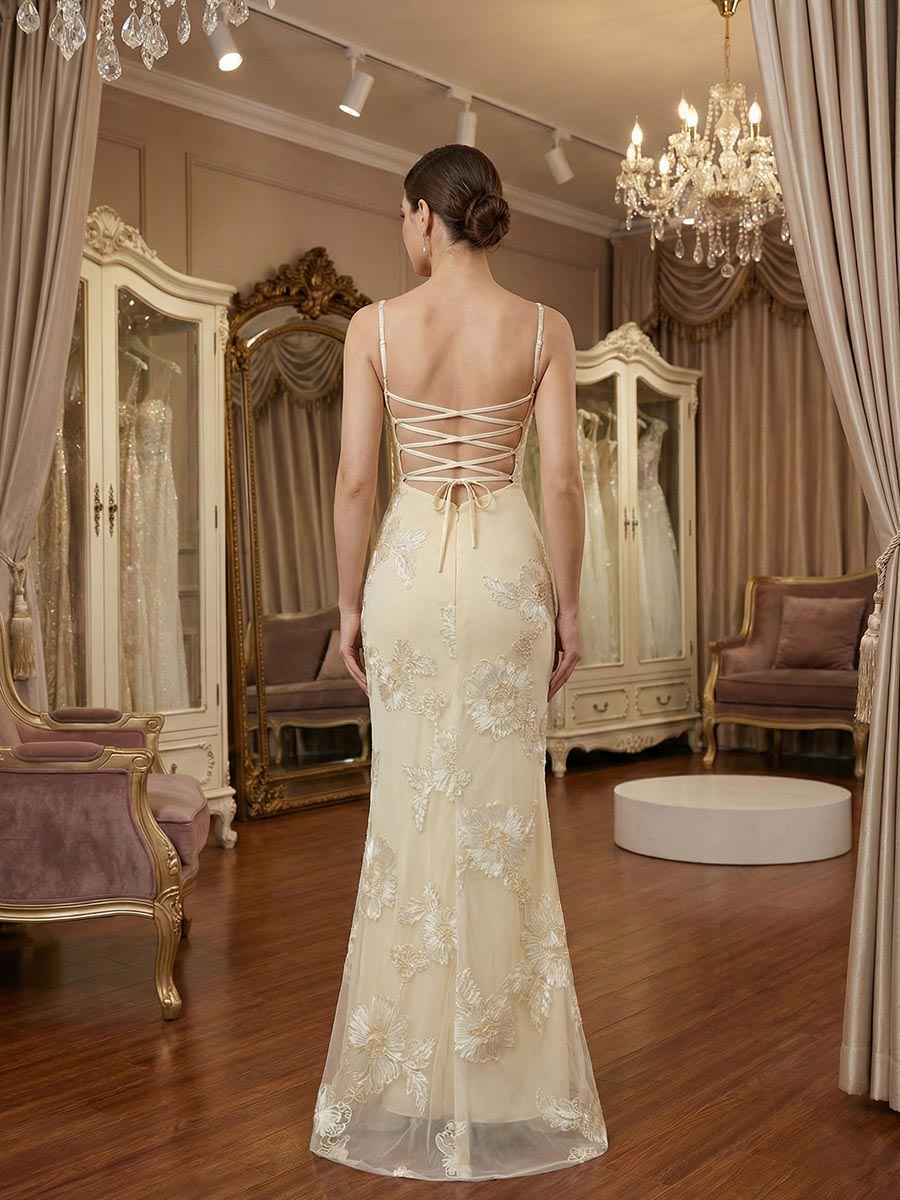 Floral Embroidered Corset Mermaid Long Prom Dress With Spaghetti Straps