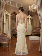 Floral Embroidered Corset Mermaid Long Prom Dress With Spaghetti Straps