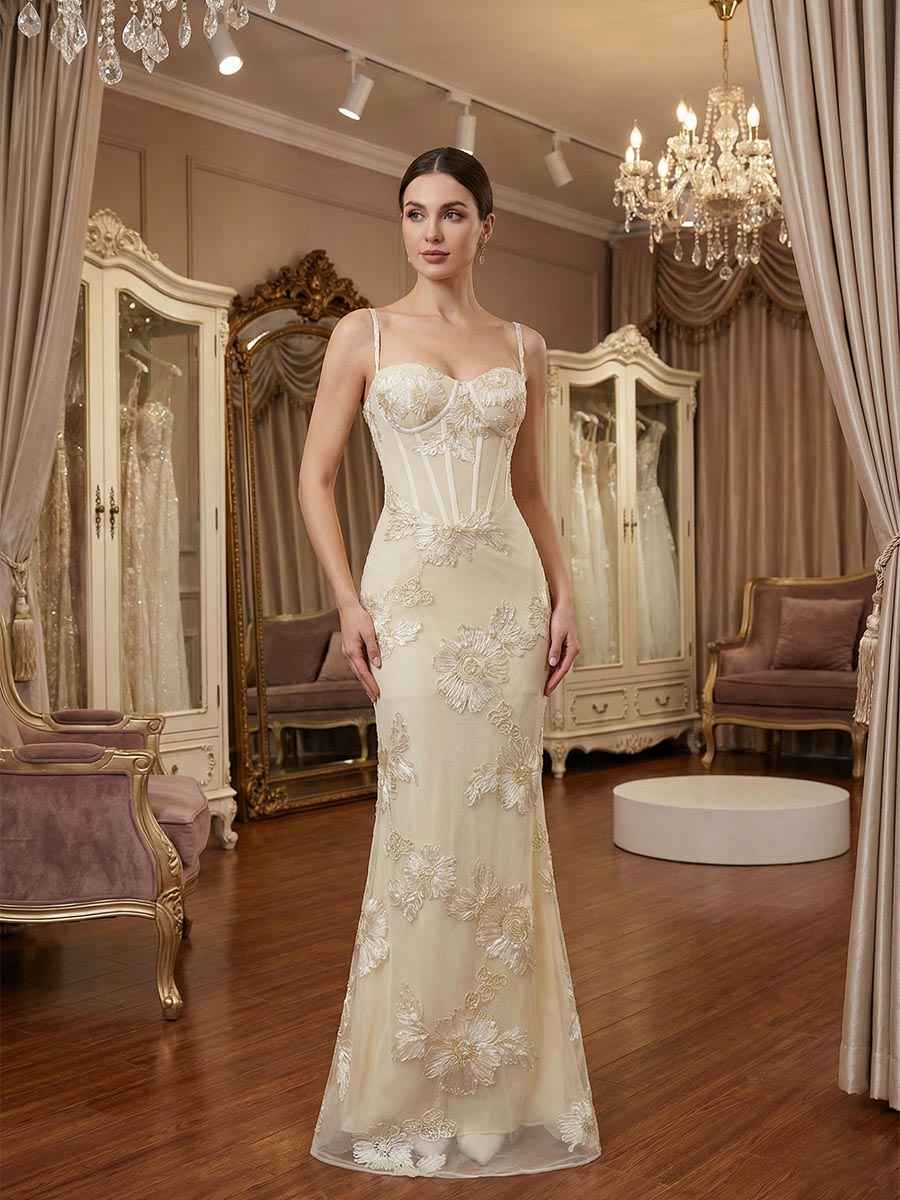 Floral Embroidered Corset Mermaid Long Prom Dress With Spaghetti Straps