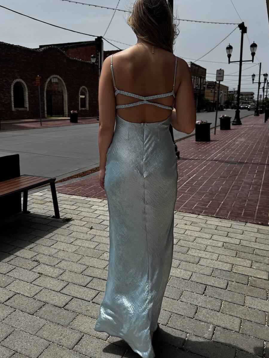 Ice Blue Satin Mermaid Prom Dress With Open Back And Spaghetti Straps