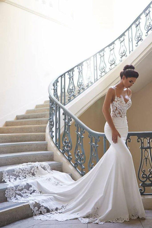 Spaghetti Strap Backless Applique Fitted Mermaid Wedding Dresses