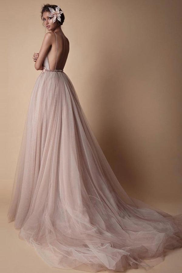 Spaghetti Strap Deep V Neck Beach Wedding Dresses With Applique