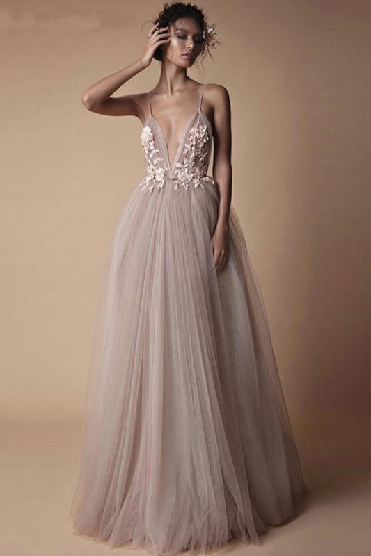 Robe de mariée de plage à bretelles spaghetti et col en V profond avec appliques WD321