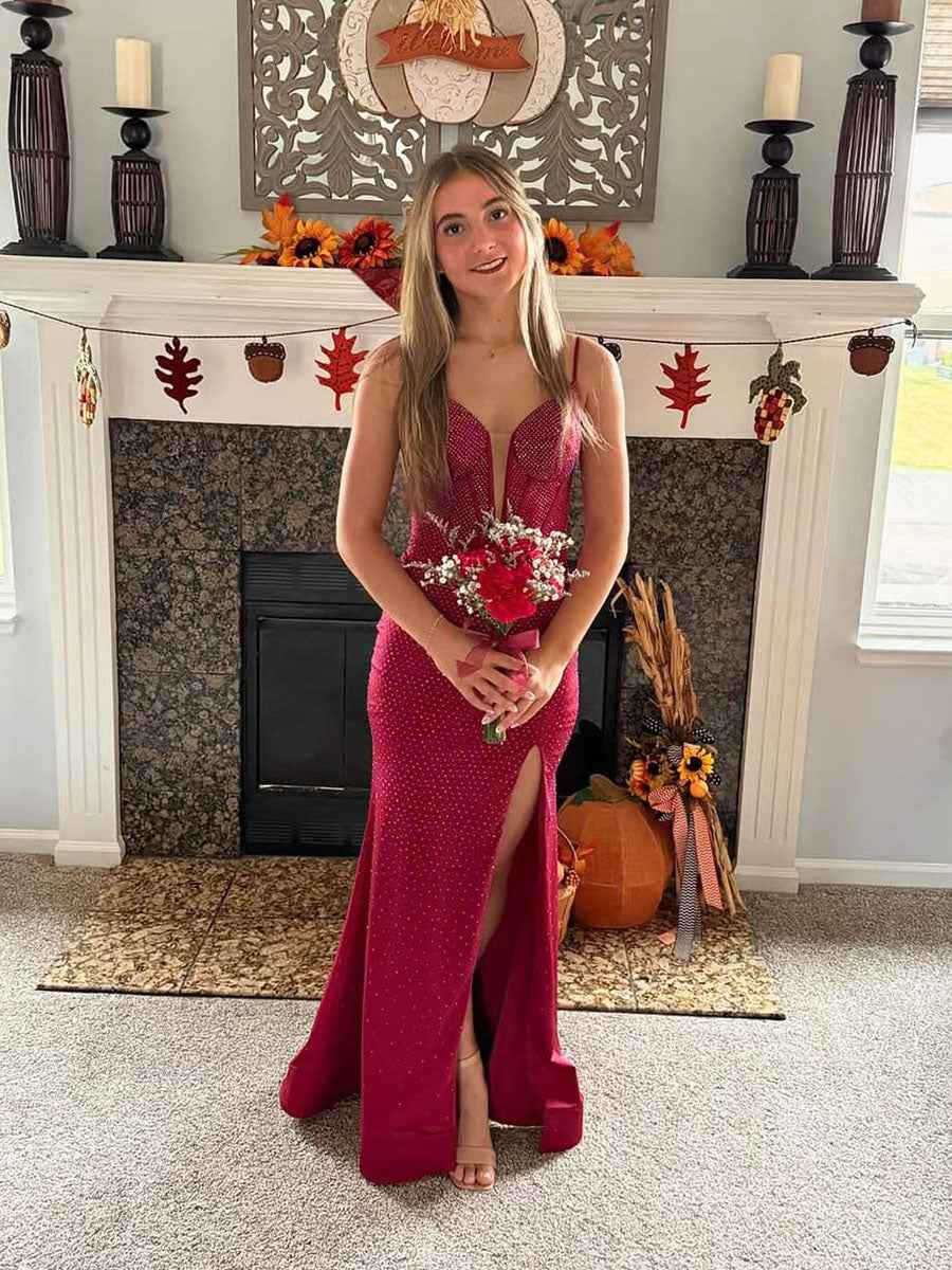 Spaghetti Strap Sparkle Rhinestones Corset Bodice Prom Gown With Slit