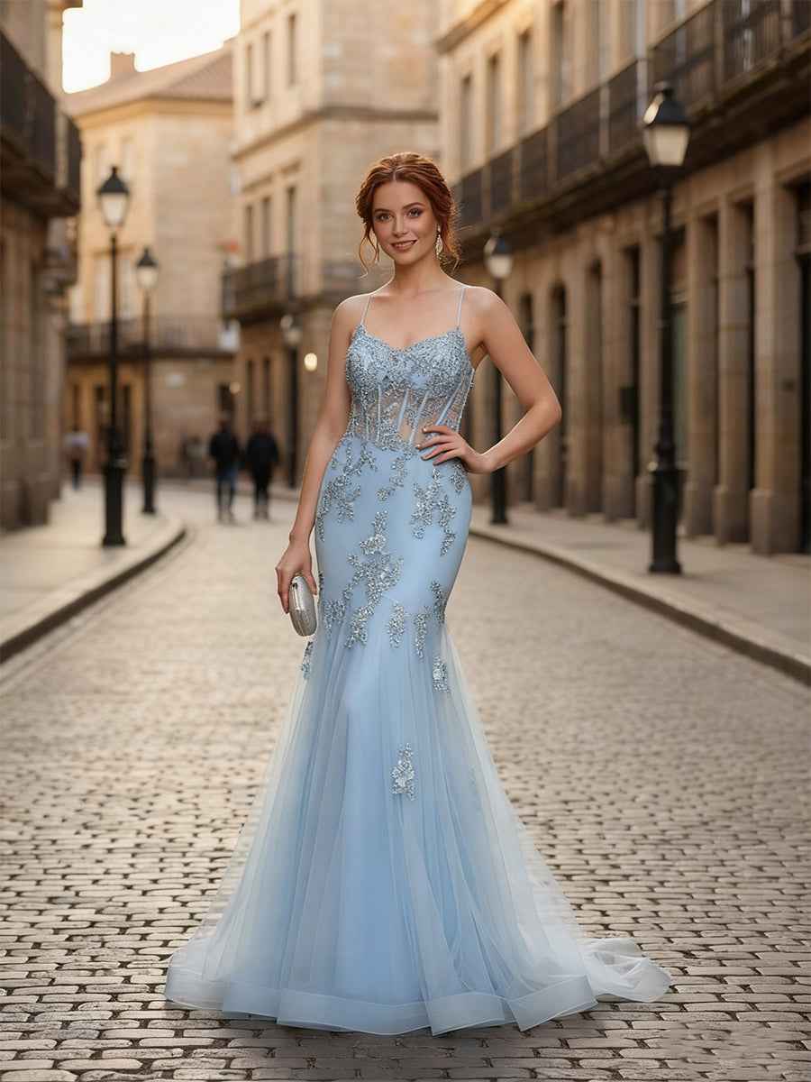 Light Blue Spaghetti Straps Beaded Lace Appliques Tulle Corset Prom Dress