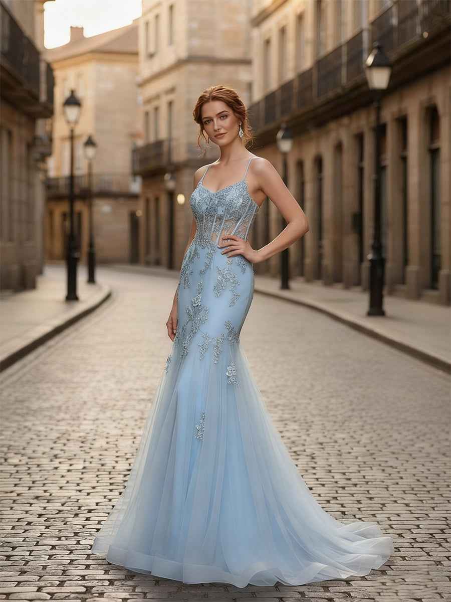 Light Blue Spaghetti Straps Beaded Lace Appliques Tulle Corset Prom Dress