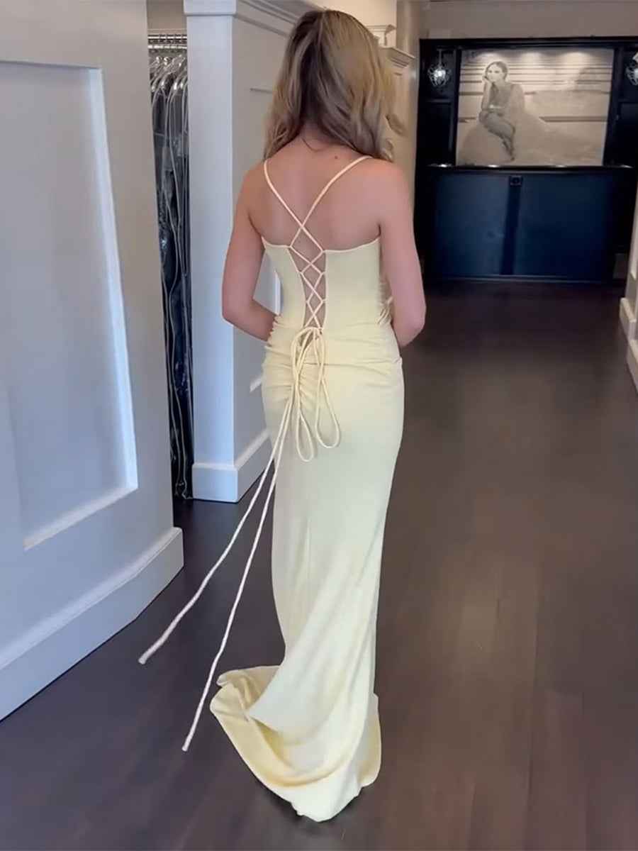 Spaghetti Straps Beaded Satin Mermaid Prom Dress With Slit