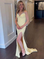 Spaghetti Straps Beaded Satin Mermaid Prom Dress With Slit