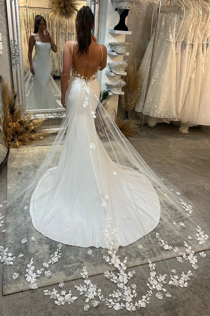 Vestido de noiva com alças finas e renda de praia sereia e cauda longa WD648