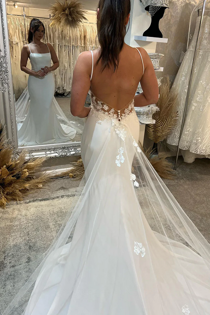Vestido de noiva com alças finas e renda de praia sereia e cauda longa WD648