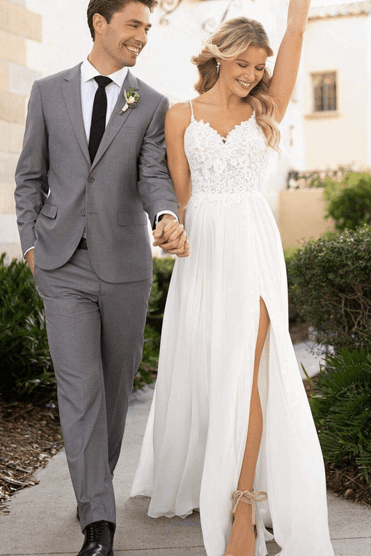 Spaghetti Straps Lace Split Chiffon Long Beach Wedding Dresses