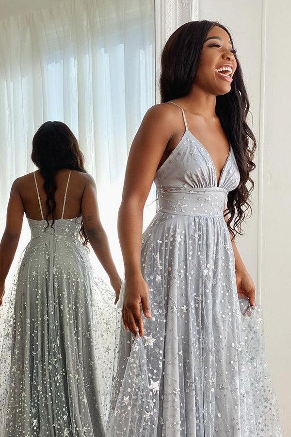 Spaghetti Straps Long Silver Tulle Prom Evening Dress With Split
