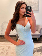 Mermaid Beaded Corset Prom Dress Spaghetti Straps Sequined Gown