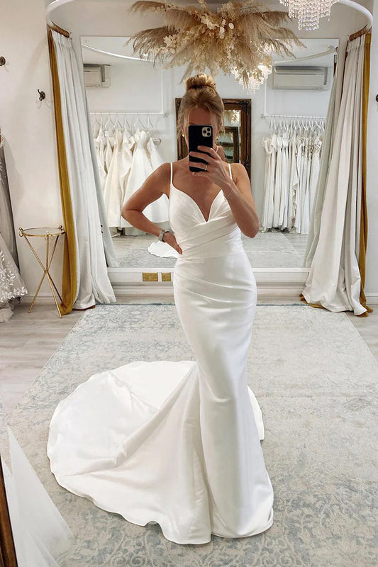 Spaghetti Straps V-neck Pleats Simple Mermaid Satin Wedding Dress