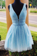 Sparkle Sky Blue Backless Beaded Homecoming Dresses, Graduation Dress