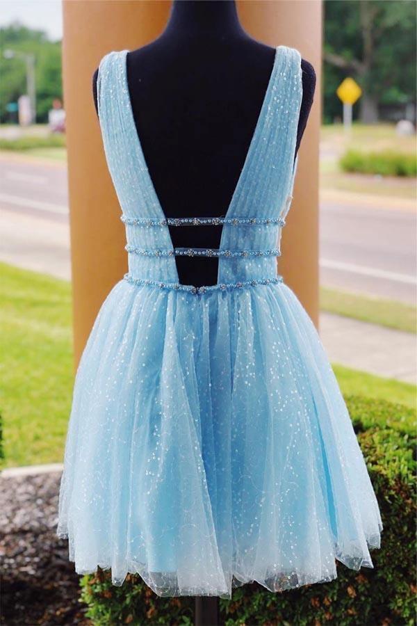 Sparkle Sky Blue Backless Beaded Homecoming Dresses, Graduation Dress